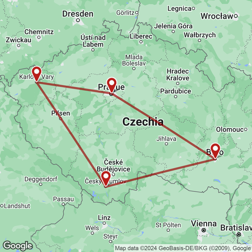 Route for Prague, Brno, Cesky Krumlov, Karlovy Vary, Prague tour